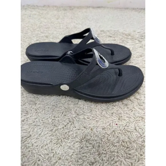 Crocs Sanrah Sandals Wedge Silver Circle Black Flip Flop Thong‎ Women's Size 9
