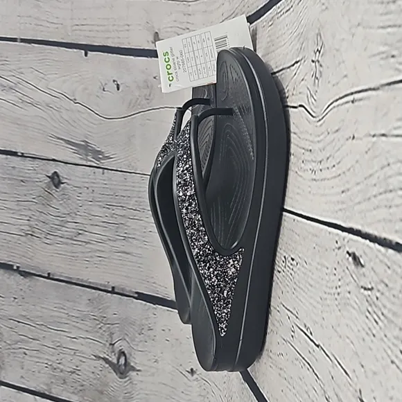 Crocs Sloane Glitter Women's Black Thong Flip Flop Sandals Size 10
