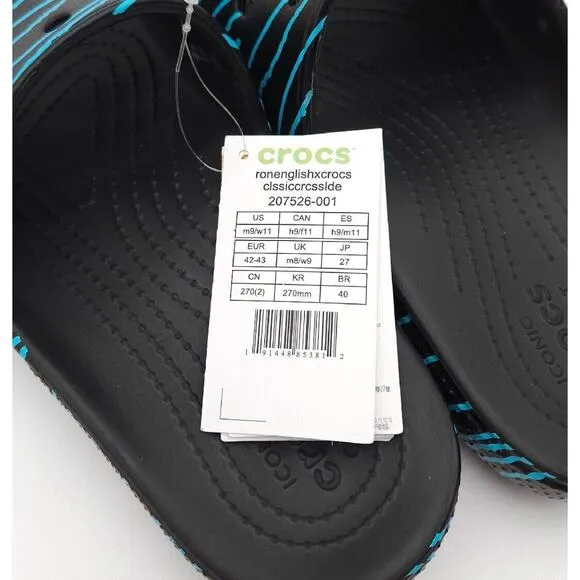 Crocs x Ron‎ English Classic Slide (Mens 9 Womens 11) Sandals Flip Flops Black