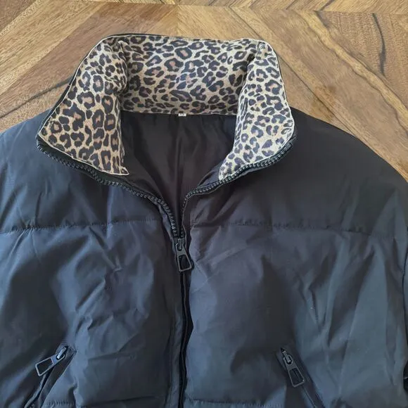 Cropped Black Puffer Jacket Soft Suede Leopard Print Collar Ribbed Cuffs Urban