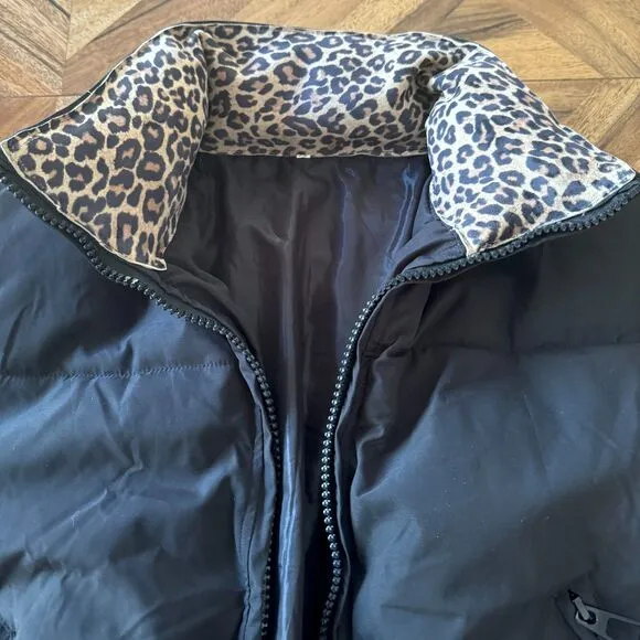 Cropped Black Puffer Jacket Soft Suede Leopard Print Collar Ribbed Cuffs Urban