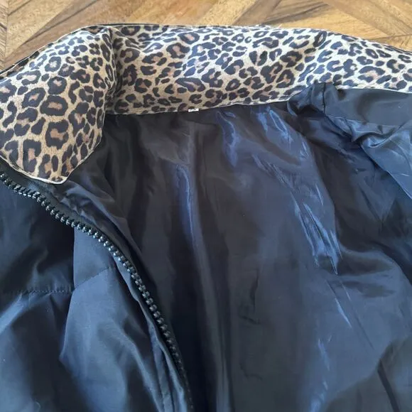 Cropped Black Puffer Jacket Soft Suede Leopard Print Collar Ribbed Cuffs Urban