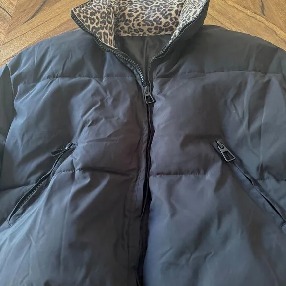 Cropped Black Puffer Jacket Soft Suede Leopard Print Collar Ribbed Cuffs Urban