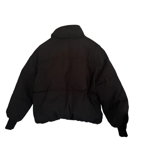 Cropped Black Puffer Jacket Soft Suede Leopard Print Collar Ribbed Cuffs Urban