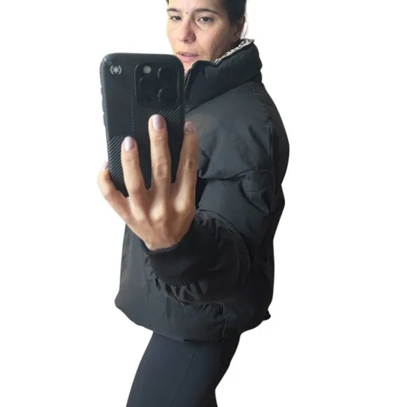Cropped Black Puffer Jacket Soft Suede Leopard Print Collar Ribbed Cuffs Urban
