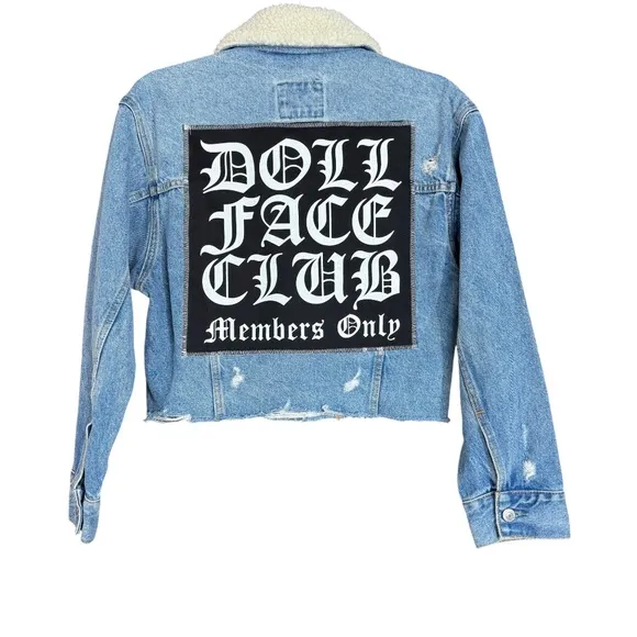 Custom Abercrombie Sherpa Cropped Denim Jacket Doll Face Club Members Only Patch