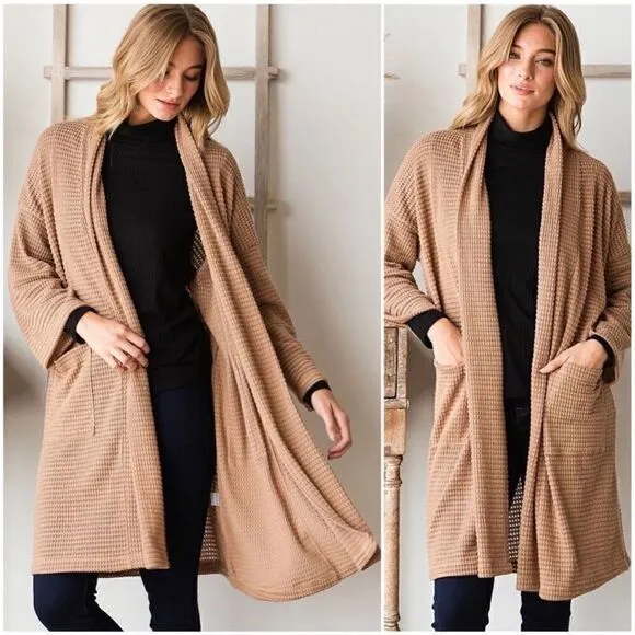 CY Fashion Tan Waffle Knit Long Open Cardigan Size Large-NWT