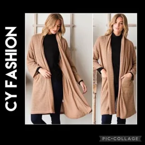 CY Fashion Tan Waffle Knit Long Open Cardigan Size Large-NWT