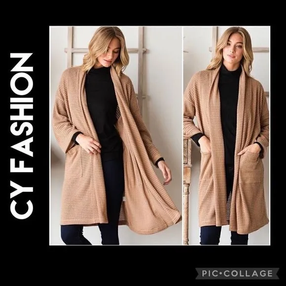 CY Fashion Tan Waffle Knit Long Open Cardigan Size Large-NWT