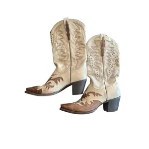 Dan Post Cream and Brown Heeled Boots with Western Stitching