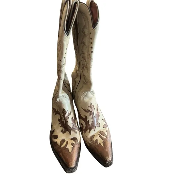 Dan Post Cream and Brown Heeled Boots with Western Stitching