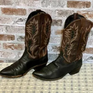 Dan Post Western Cowboy Boots Black Brown Leather‎ Embroidered Arrow Design