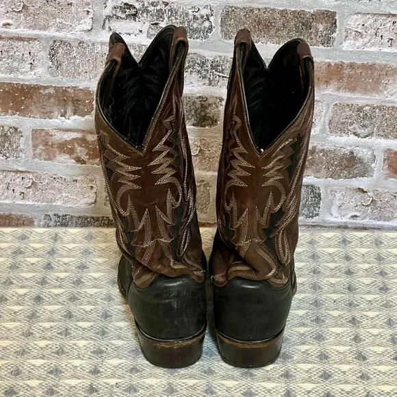Dan Post Western Cowboy Boots Black Brown Leather‎ Embroidered Arrow Design