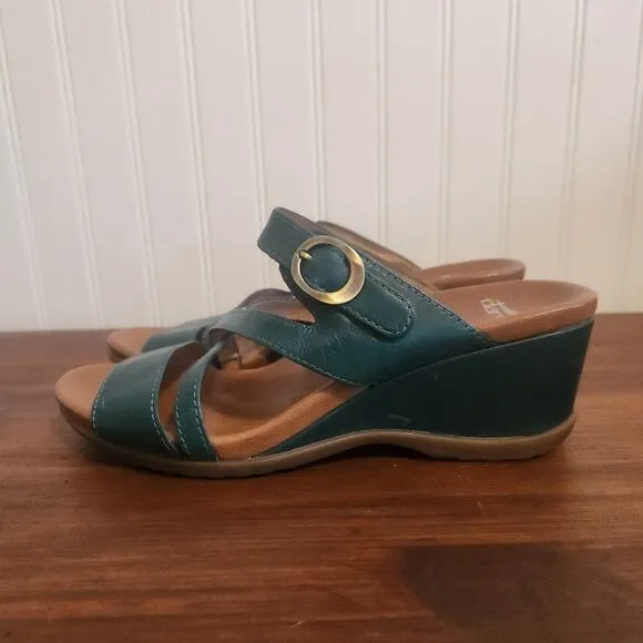 Dansko Womens Size 7.5/38 Man Made Leather Teal Open Toe Chunky Heel Sandals New