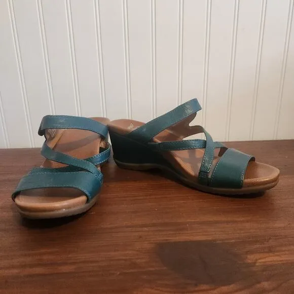 Dansko Womens Size 7.5/38 Man Made Leather Teal Open Toe Chunky Heel Sandals New