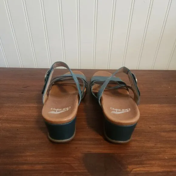 Dansko Womens Size 7.5/38 Man Made Leather Teal Open Toe Chunky Heel Sandals New