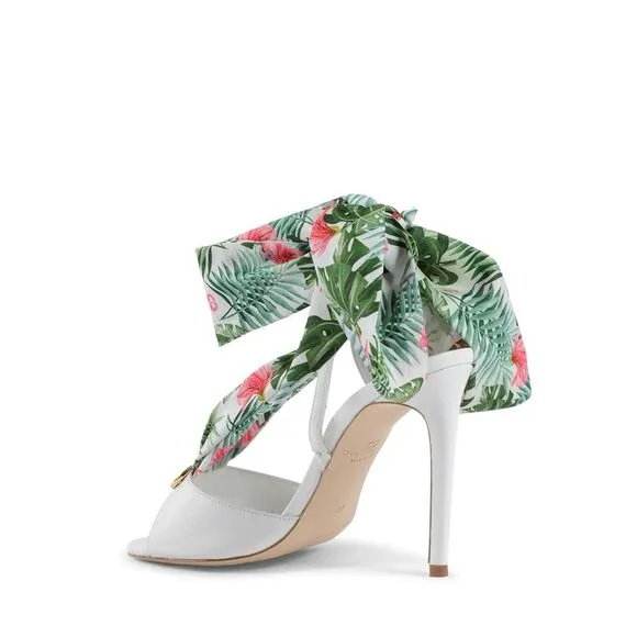 Dee Ocleppo Evelyn Silk Printed Heel Women White Sandals