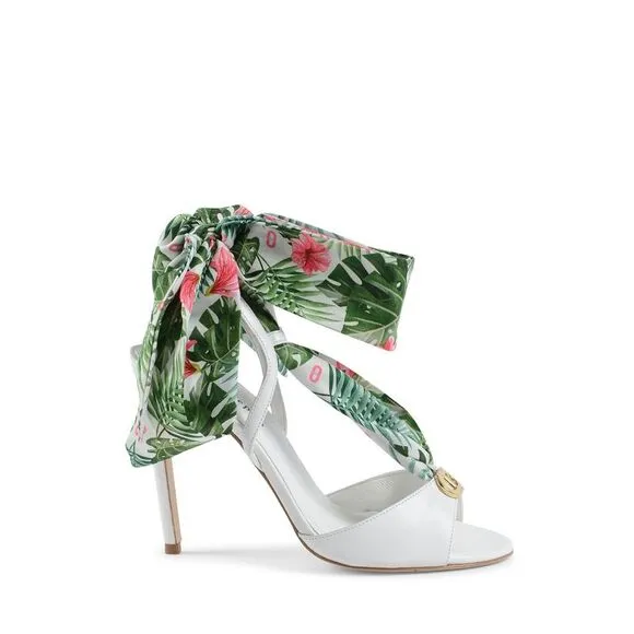 Dee Ocleppo Evelyn Silk Printed Heel Women White Sandals