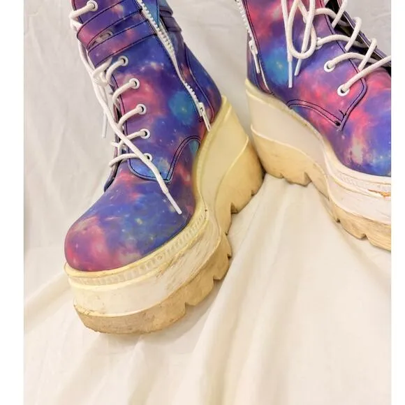 Demonia X iHeartRaves Super Stacked Purple Galaxy Reflective Platform Boots US 9
