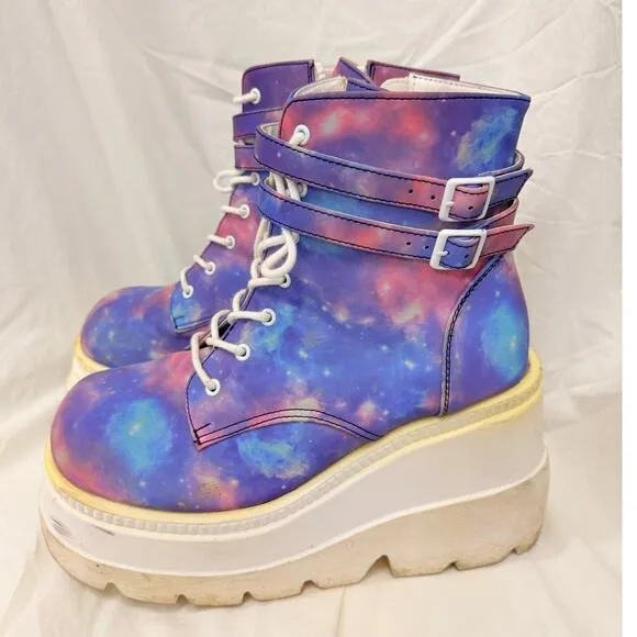 Demonia X iHeartRaves Super Stacked Purple Galaxy Reflective Platform Boots US 9