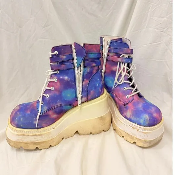 Demonia X iHeartRaves Super Stacked Purple Galaxy Reflective Platform Boots US 9