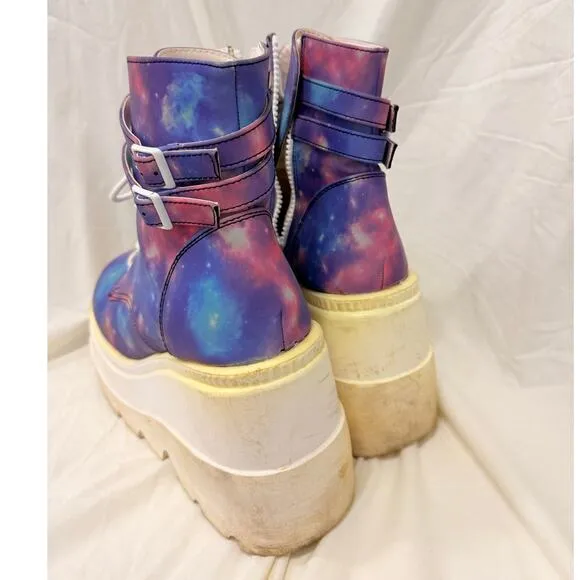Demonia X iHeartRaves Super Stacked Purple Galaxy Reflective Platform Boots US 9
