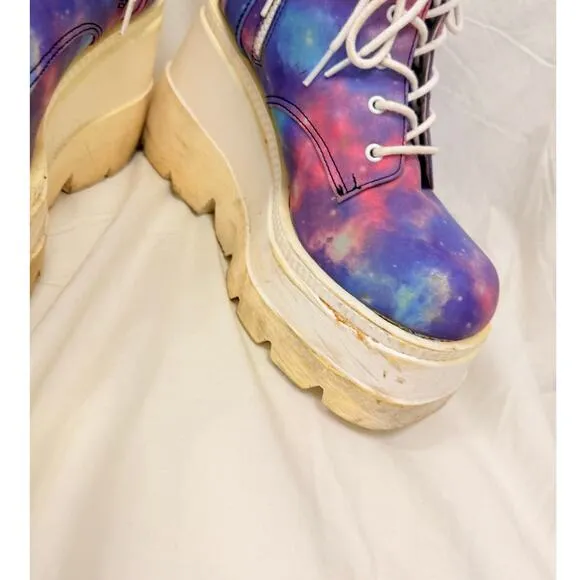Demonia X iHeartRaves Super Stacked Purple Galaxy Reflective Platform Boots US 9