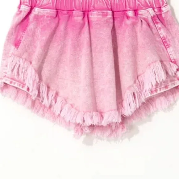 Denim Skort High-Rise Elastic Smocked Waist Shorts Frayed Hem Jean Mini Skirt