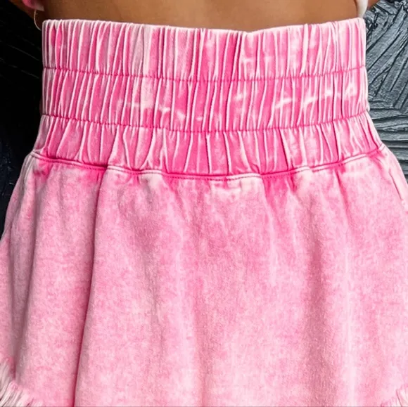 Denim Skort High-Rise Elastic Smocked Waist Shorts Frayed Hem Jean Mini Skirt
