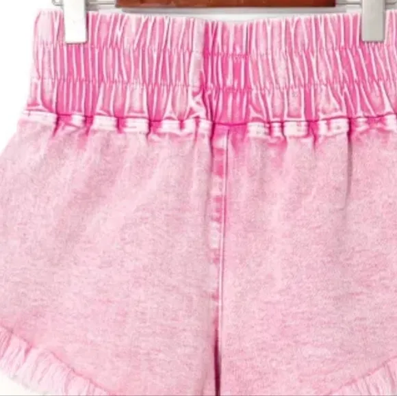 Denim Skort High-Rise Elastic Smocked Waist Shorts Frayed Hem Jean Mini Skirt