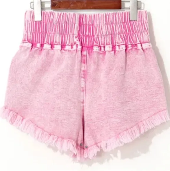 Denim Skort High-Rise Elastic Smocked Waist Shorts Frayed Hem Jean Mini Skirt