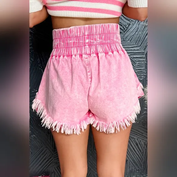 Denim Skort High-Rise Elastic Smocked Waist Shorts Frayed Hem Jean Mini Skirt