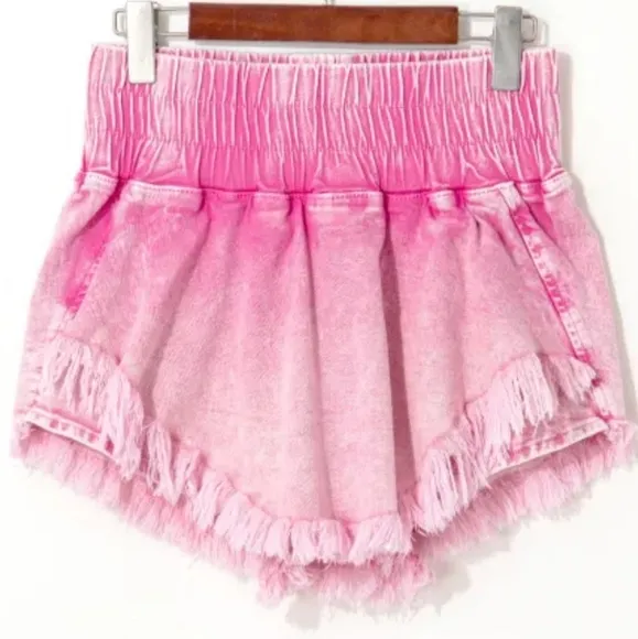 Denim Skort High-Rise Elastic Smocked Waist Shorts Frayed Hem Jean Mini Skirt