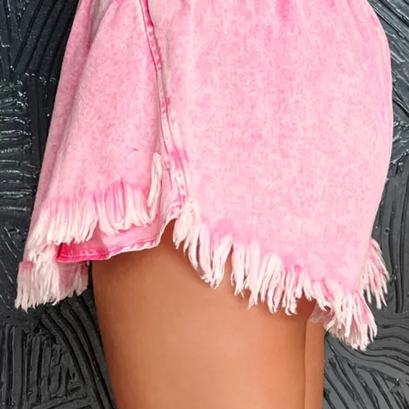 Denim Skort High-Rise Elastic Smocked Waist Shorts Frayed Hem Jean Mini Skirt