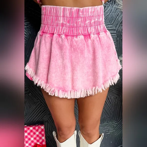 Denim Skort High-Rise Elastic Smocked Waist Shorts Frayed Hem Jean Mini Skirt