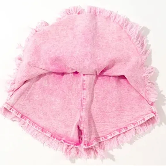 Denim Skort High-Rise Elastic Smocked Waist Shorts Frayed Hem Jean Mini Skirt