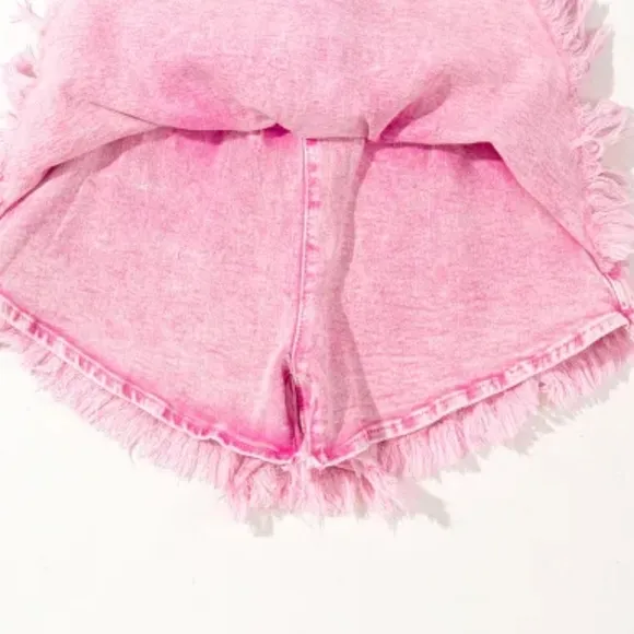 Denim Skort High-Rise Elastic Smocked Waist Shorts Frayed Hem Jean Mini Skirt