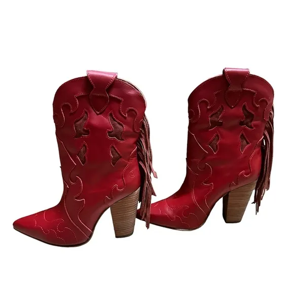 Dingo Lady’s Night Red Leather w/ Fringe Heeled Boots NWOT