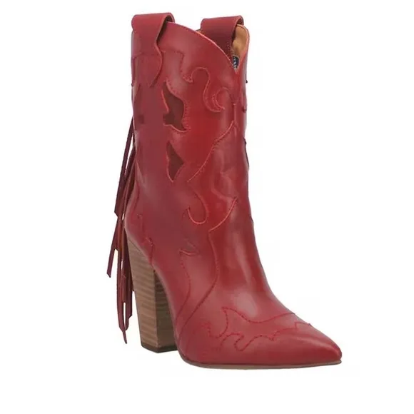Dingo Lady’s Night Red Leather w/ Fringe Heeled Boots NWOT