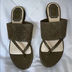 Dior Olive Green Sandals with Ornate Gold Embellishment