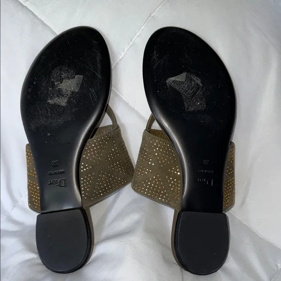 Dior Olive Green Sandals with Ornate Gold Embellishment