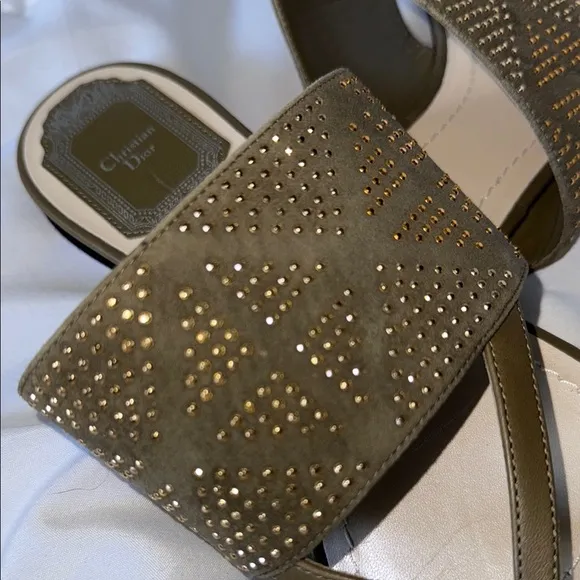 Dior Olive Green Sandals with Ornate Gold Embellishment