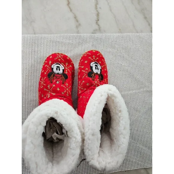 Disney Christmas Slipper Boots, Red, Size L 9/10, Festive Mickey &amp; Minnie Design