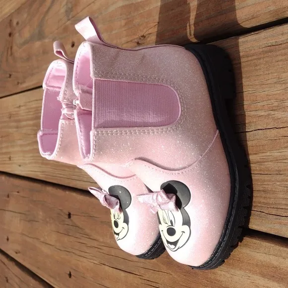 Disney Jr. Minnie Pink Glittery Chelsea Boots with Minnie Faces Size 7
