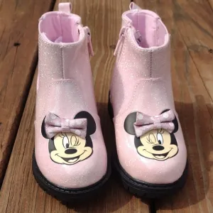 Disney Jr. Minnie Pink Glittery Chelsea Boots with Minnie Faces Size 7