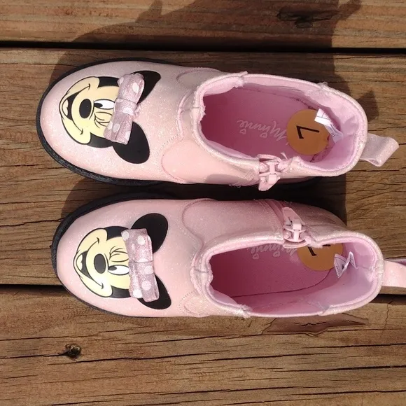 Disney Jr. Minnie Pink Glittery Chelsea Boots with Minnie Faces Size 7