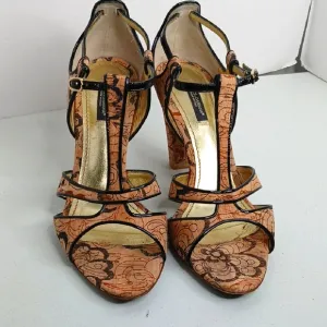 Dolce &amp; Gabbana Tan &amp; Black Cork Style High Heel Strap Sandal  8/39