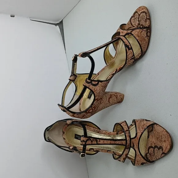 Dolce &amp; Gabbana Tan &amp; Black Cork Style High Heel Strap Sandal  8/39