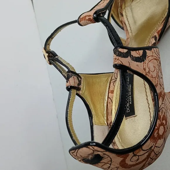 Dolce &amp; Gabbana Tan &amp; Black Cork Style High Heel Strap Sandal  8/39