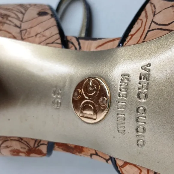 Dolce &amp; Gabbana Tan &amp; Black Cork Style High Heel Strap Sandal  8/39
